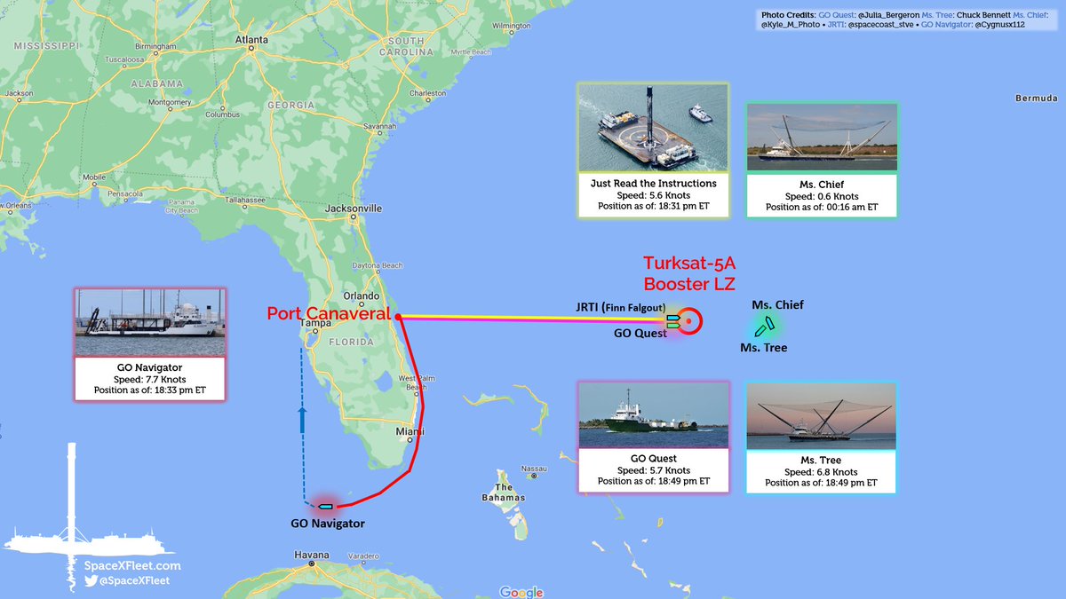 spaceOFFSHORE's tweet photo. Recovery fleet status as of January 6th:

Droneship and fairing recovery teams nearly in position for Turksat-5A. GO Navigator en-route to the Gulf of Mexico for CRS-21 Dragon splashdown. https://t.co/Ds23BZOL5s