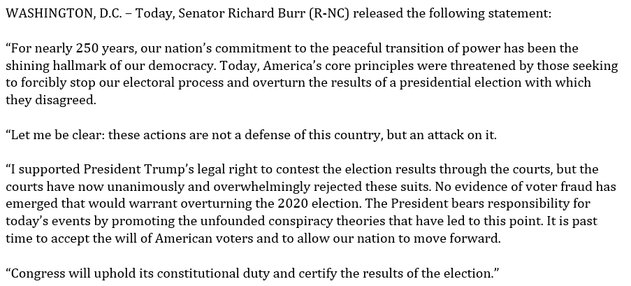 JamieBollWBTV's tweet photo. NC Republican @SenatorBurr on today events: 
"No evidence of voter fraud has emerged that would warrant overturning the 2020 election. The President bears responsibility for today’s events by promoting the unfounded conspiracy theories that have led to this point." https://t.co/2A2xtdbu8u