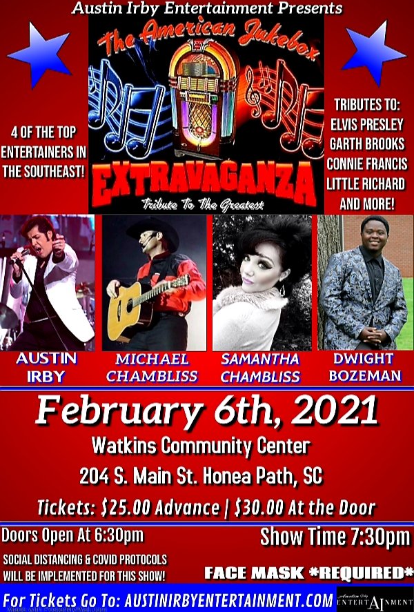 OfficialAIE's tweet photo. Another amazing show is just around the corner!
So don’t forget to get your tickets for The American Jukebox *Extravaganza* in Honea Path, SC on February 6th, 2021!!! ⚡🎙

✨Get Your Tickets At: https://t.co/r7Txh5PTcs
#entertainment #SouthCarolina https://t.co/Pxk99erJjj