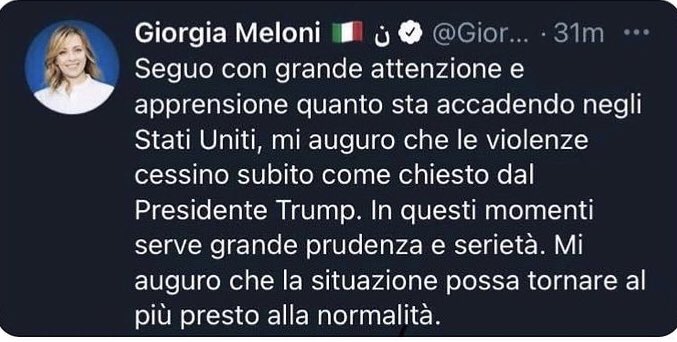 In un momento così drammatico, Giorgia Meloni invece di condannare Trump trova il modo di difenderlo (subdolamente). È vergognoso che la destra italiana non riesca a condannare Trump e i danni enormi che sta infliggendo alla democrazia e all’Occidente. Indecente. E preoccupante.