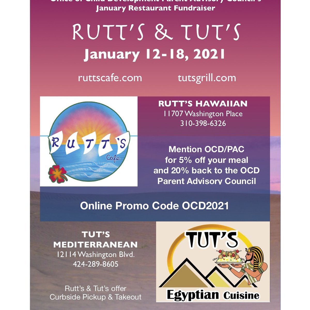 CCUSD_OCD's tweet photo. Please support OCD Parent Advisory Council during  this  fundraising event the week of January 12-18, 2021.  The money raised will benefit the OCD students in preschool and school age Learning Centers programs at all sites. #culvercity #culverpride https://t.co/RnIXQTKV1K