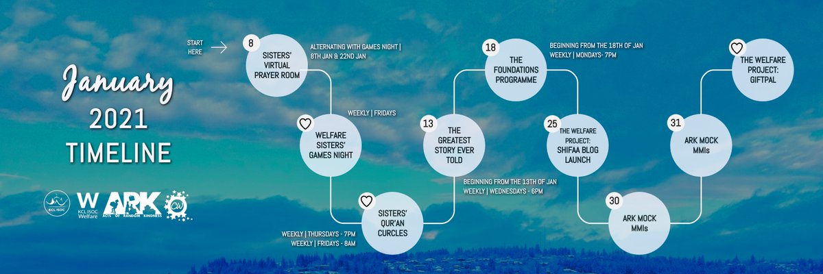 Assalaamu alaykum wa rahmatullahi wa barakatuhu everyone! We're really excited to share our January timeline with you guys - see you there in sha Allah :)

We'd also like to remind you that your ISoc is here to support you at any time you need - feel free to drop us a DM! 🥰✨