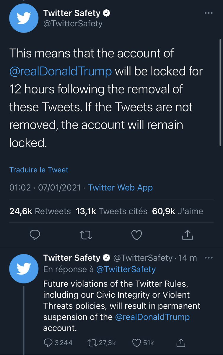 🇺🇸 ALERTE - #Twitter a restreint le compte de Donald #Trump pour 12h. La suspension pourrait être définitive "si d’autres violations aux règles d’utilisation sont constatées".