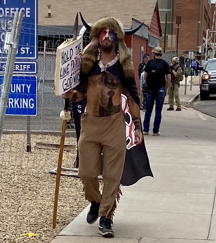 Ericnpr's tweet photo. Met this QAnon mass delusion supporter when covering pro Trump AZ elex protests in Nov. He was spewing dangerously delusional fur foil hat misinformation about the elex and Covid19, so of course I didn't put him on air. Today he was part of the mob that invaded the Capitol @npr https://t.co/2L1P3LUH11