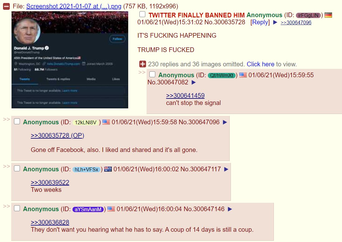 Back on 4chan, after Trump's statements not condemning his supporters, the far right are memeing, saying "Based Trump." They are also mad about Trumps tweets getting removed from twitter-"They don't want you hearing what he has to say. A coup of 14 days is still a coup."