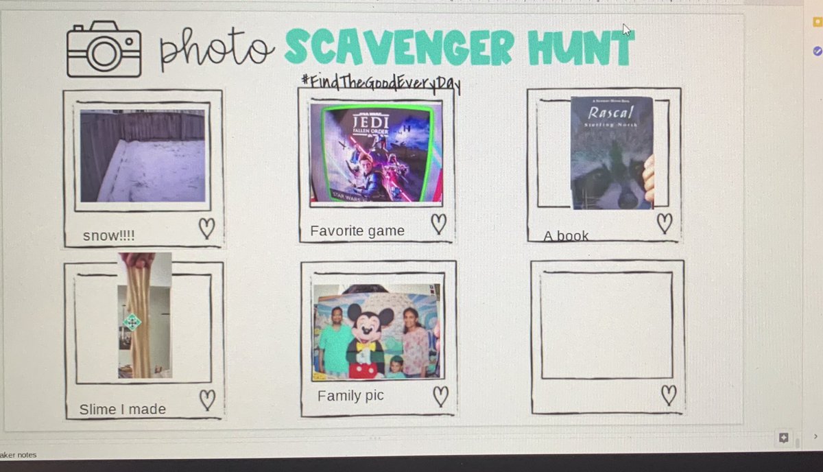 MsSpiwak's tweet photo. Today we did a photo scavenger hunt! Students had 20 minutes to take 6 pictures! It was so fun sharing important parts of our lives together! #findthegoodineveryday #weare54 https://t.co/Y7M8XCdiVO