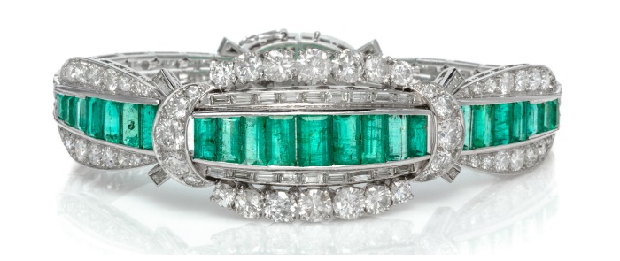 ...antiques have great emeralds. This is a bracelet, with emeralds and diamonds in platinum.