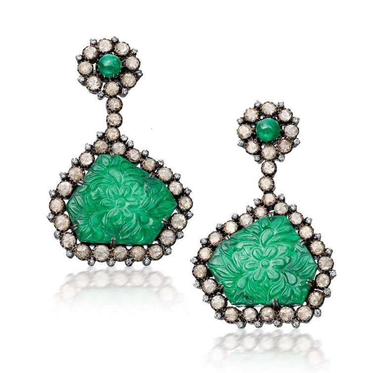 Two pairs of emerald earrings from Amrapali. The carving on the left is amazing, and the design on the right is amazing, and I love Amrapali.