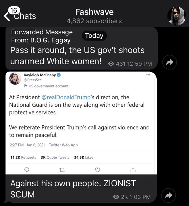 The far right also is very happy that a congresswoman quoted Hitler today. And after the announcement that under Trump's direction National Guard was being deployed, fascists on Telegram call Trump "ZIONIST SCUM" and that he's "Against his own people."