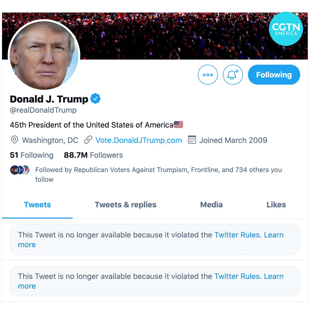 cgtnamerica's tweet photo. Twitter had removed three of Donald Trump's tweets following the storming of the U.S. Capitol building and has locked his account for 12 hours. If the tweets aren't deleted, his account will remain locked, @Twitter said. #TrumpProtestors #AmericaFirstProtest #USCapitol https://t.co/CmKGbfPoKN