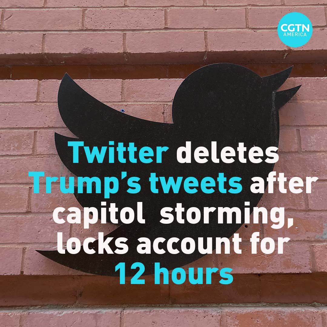 cgtnamerica's tweet photo. Twitter had removed three of Donald Trump's tweets following the storming of the U.S. Capitol building and has locked his account for 12 hours. If the tweets aren't deleted, his account will remain locked, @Twitter said. #TrumpProtestors #AmericaFirstProtest #USCapitol https://t.co/CmKGbfPoKN