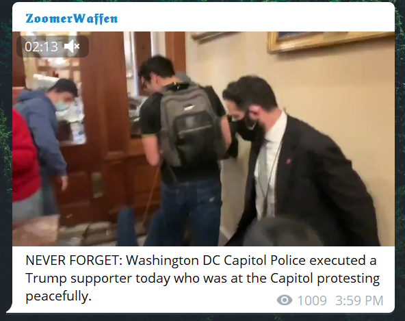 More stuff from Telegram:"The weak should fear the strong""NEVER FORGET: Washington DC Capitol Police executed aTrump supporter today who was at the Capitol protestingpeacefully""This fucking shit stain is as big of a traitor as as the vietvet gimp""This is the REAL coup"