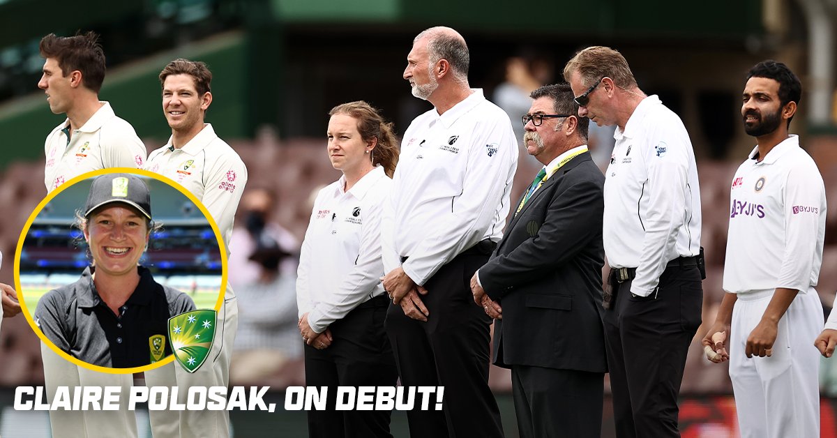 CricketAus's tweet photo. The list of accomplishments grows for Claire Polosak!

After becoming the first woman to officiate men's ODI, she today becomes the first woman to officiate a men's Test match. Congratulations Claire! 👏 #AUSvIND https://t.co/ON9mg7Fc60