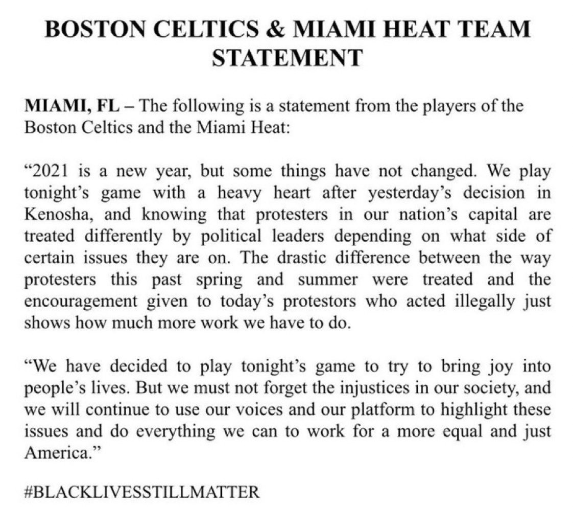 MarcJSpears's tweet photo. Celtics and Heat put out a joint statement that ends with #BlackLivesStillMatter https://t.co/lO7pet3Zzl