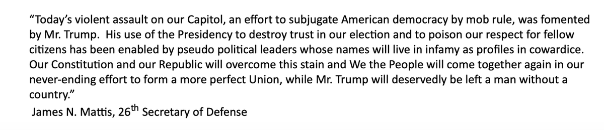 President Trump's former SecDef Jim Mattis rips into the President in a statement, saying, "Today’s violent assault on our Capitol, an effort to subjugate American democracy by mob rule, was fomented by Mr. Trump"
