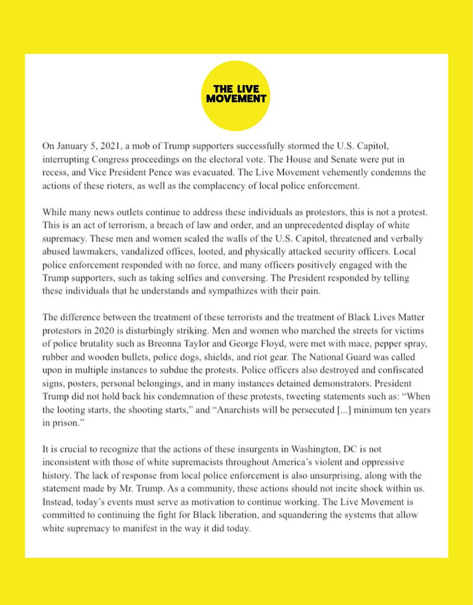 The Live Movement is committed to continuing the fight for black liberation, an squandering the systems that allow white supremacy to manifest in the way it did today.
