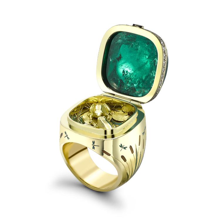 Emerald ring from Theo Fennell, when you flip the lid there are frogs kissing. And check the cattails and dragonflies engraved on the shank of the ring. Really nice attention to detail.