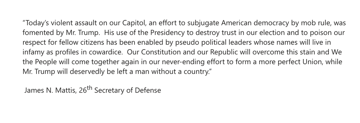 CamJourno's tweet photo. Statement from former US Secretary of Defense James Mattis, h/t @margbrennan — https://t.co/2RDFwiGlzA