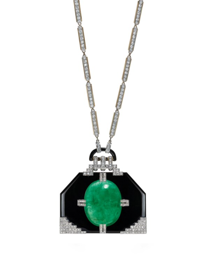 Emerald, onyx, and diamonds, from Foquet, one of the movers and shakers of the art deco era. IIRC he decorated Vionnet's salon for her.