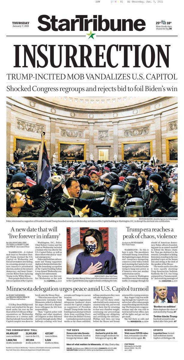 These are the newspapers’ front pages following the insurrection at the U.S. Capitol on Jan. 6, 2021. Please send me the ones that I’m missing. I’ll add more as they become available.15/