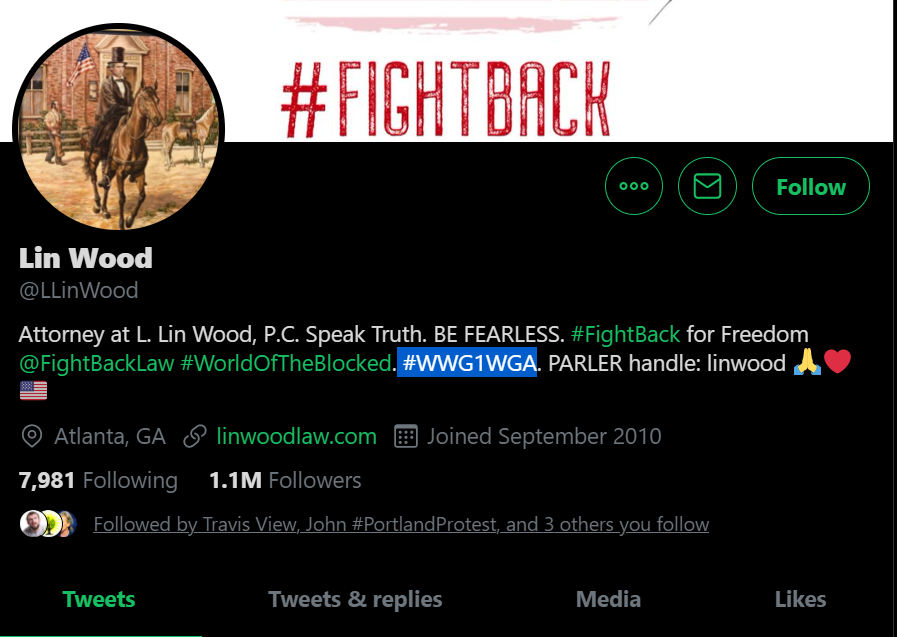 And as of even a few days days ago she was retweeting major QANON related accounts. The last few months Ashli retweeted QANON booster and lawyer Lin Wood quite a lot.