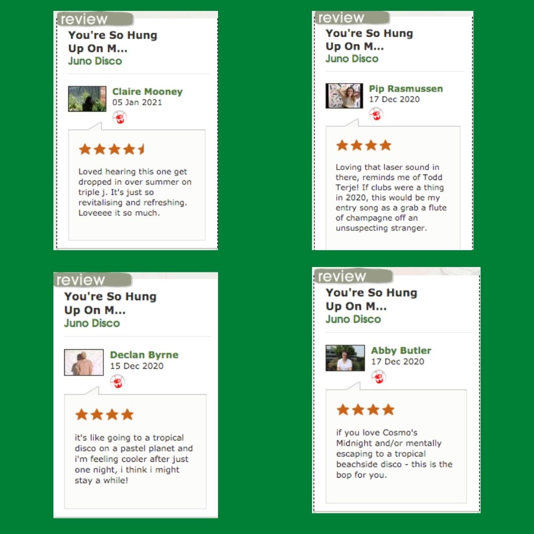 Big thanks for the reviews on @juno_disco's latest track 'You're So Hung Up On My Colours', check it out on @triplejunearthd @dec_byrne @abbzbutler @_cmooney @PipRasmussen 😍