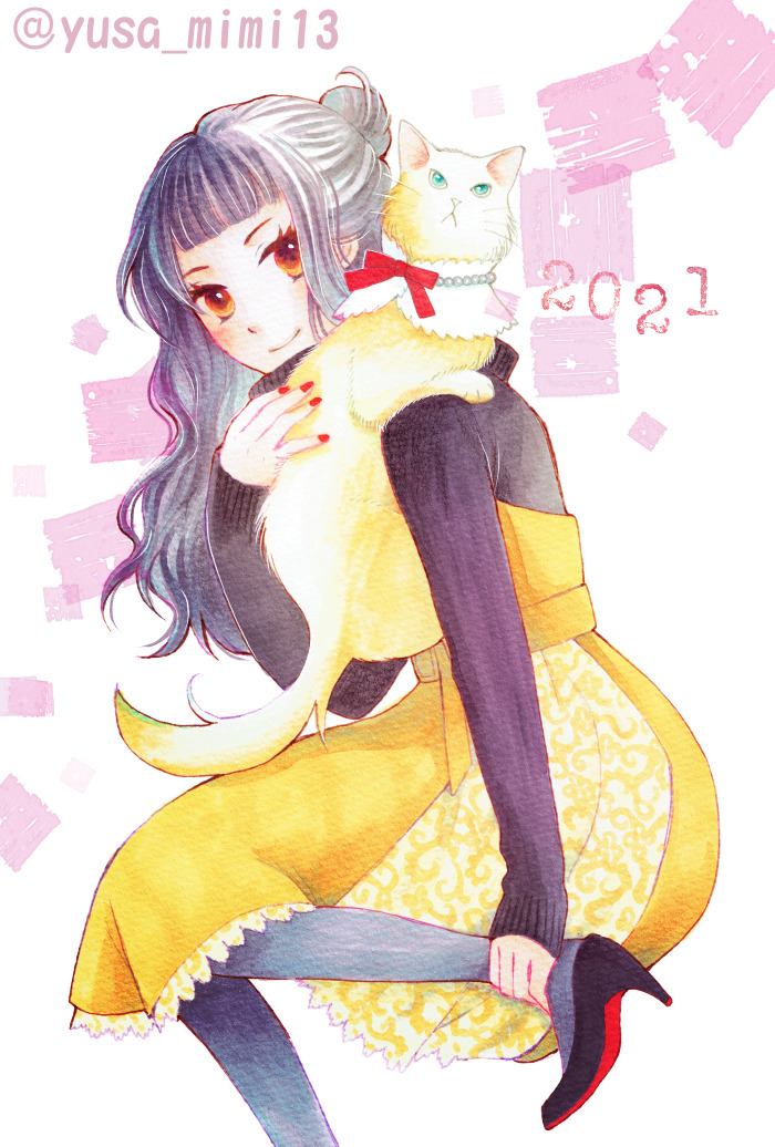1girl cat high heels long hair smile yellow skirt red nails  illustration images
