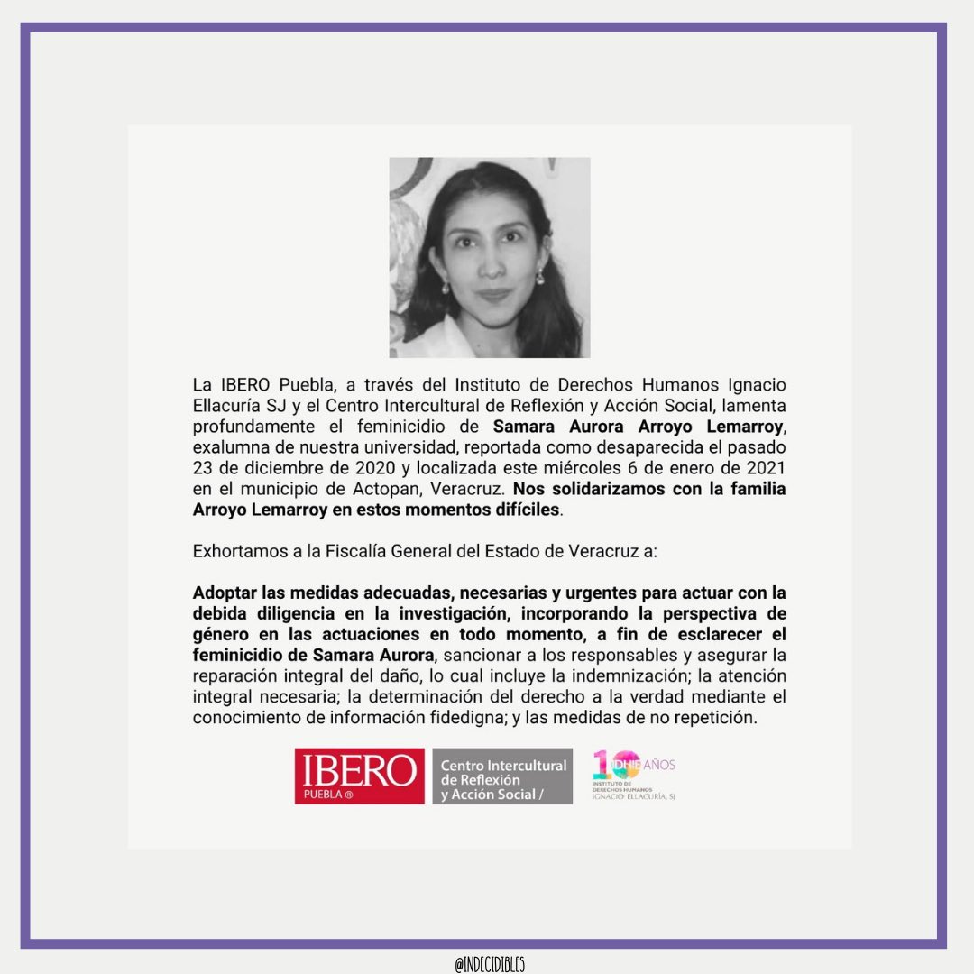 indecidibles's tweet photo. Nos duele e indigna el feminicidio de Samara Aurora Arroyo Lemarroy , nos sumamos a las exigencias de #JusticiaSamaraArroyo y nos solidarizamos con su familia y amistades, lucharemos por ti y por todas las que nos faltan. #NiUnaMenos
Súmense a la exigencia  👇🏻 https://t.co/UkePigknzU
