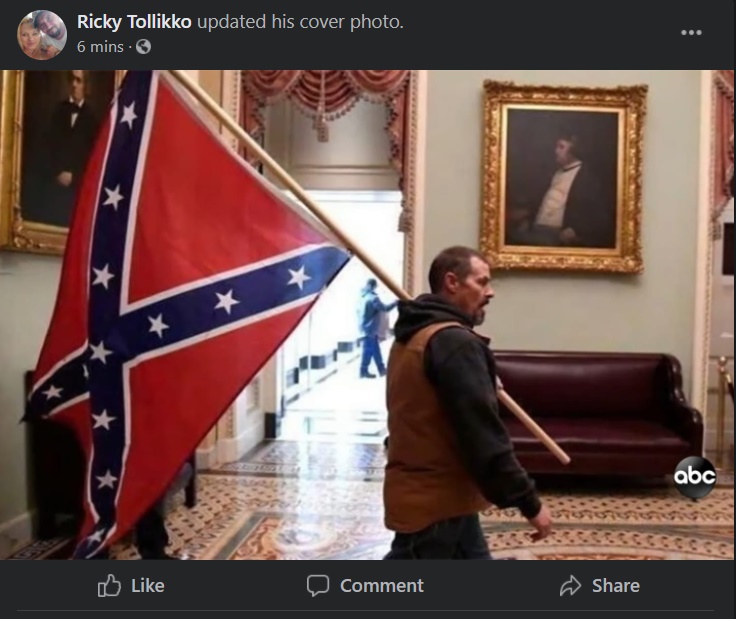 An update and clarification. Ricky was NOT in Washington. He only posted the photo of the guy with the Confederate battle flag as his Facebook banner.That said, Facebook appears to have rectified that. /35
