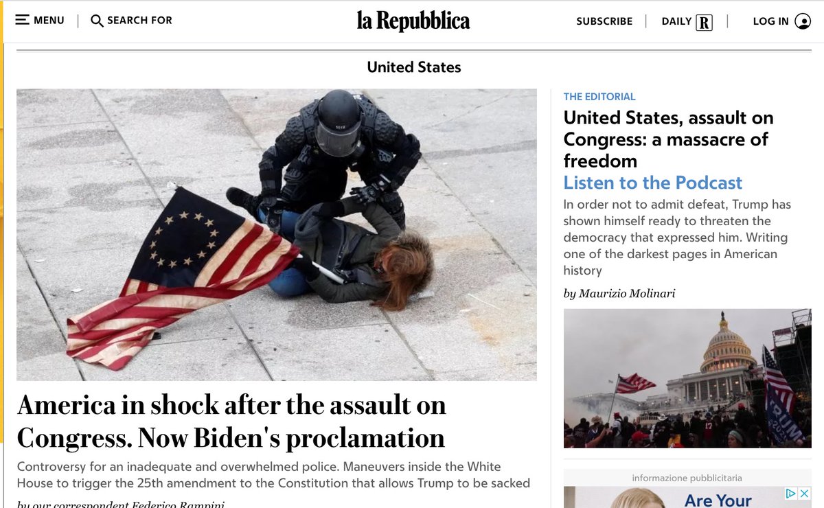 here’s la Repubblica in Rome Italy:“America in shock after the assault on Congress.” https://www.repubblica.it/&nbsp;