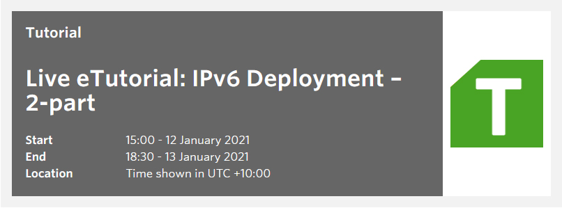 apnic's tweet image. Also starting on 12 January is APNIC’s two-day, two-part live eTutorial on IPv6 Deployment. Details and registration here:
training.apnic.net/events/online-…
#IPv6 #IPv6deployment