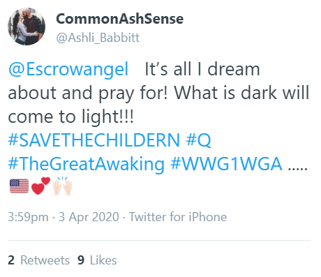 She tweets out "@/FollowQanon" alongside Q terms on March 2nd. As California went into lockdown for Covid, Ashli fell even deeper into QANON, tweeting out even more obscure Q references.