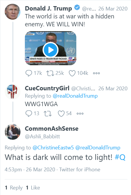 She tweets out "@/FollowQanon" alongside Q terms on March 2nd. As California went into lockdown for Covid, Ashli fell even deeper into QANON, tweeting out even more obscure Q references.