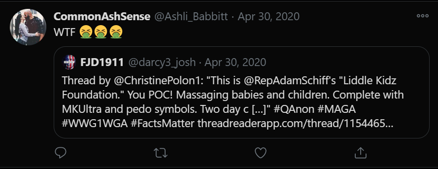 By the end of April Ashli was fully "Q-Pilled" and following/retweeting a lot of QANON accounts.