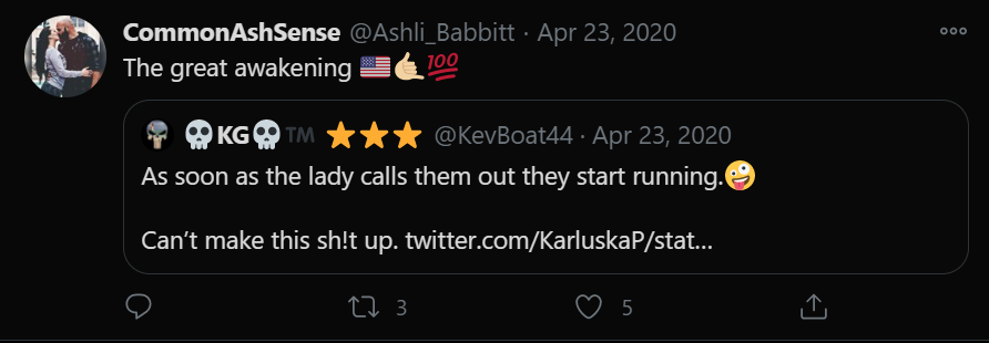 By the end of April Ashli was fully "Q-Pilled" and following/retweeting a lot of QANON accounts.