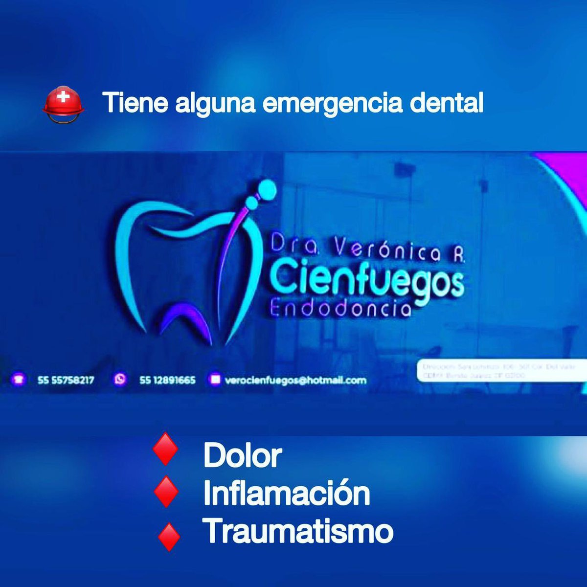 DentycsSc's tweet image. ♦️Tienes dolor, inflamación , o un traumatismo?♦️
Atendemos tu emergencia dental . 📌
Asiste a #Dentycs podemos ayudarte.
📍Agenda tu cita🦷
📱5512891665
☎️55 55758217 
☎️55 55756702
Más información en: dentycs.com
#endodoncista #DentistaCDMX #Emergenciadental #endo