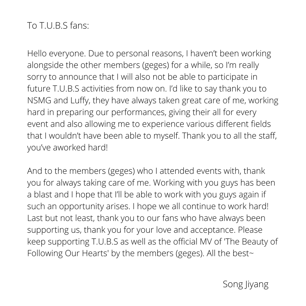 official_tubs's tweet photo. Song Jiyang shares a letter to fans about his departure from T.U.B.S.

#宋继扬 #SongJiyang #ซ่งจี้หยาง https://t.co/DInIPRigQF
