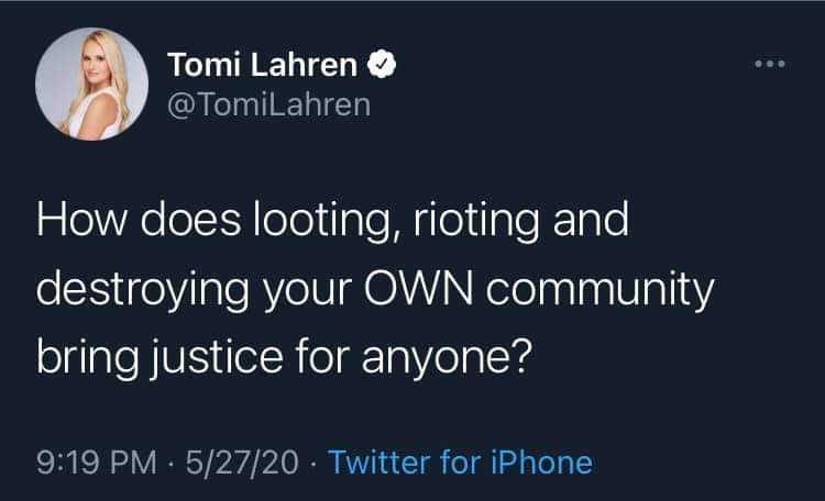 SocialNich's tweet photo. @TomiLahren 

That is a great question! Would you like to answer that? 
P.s 93% of BLM Protests were proven to be peaceful. 
#BlackLivesMatter #gaslightingdoesntlookgoodonyou https://t.co/IeIO3Uyh14