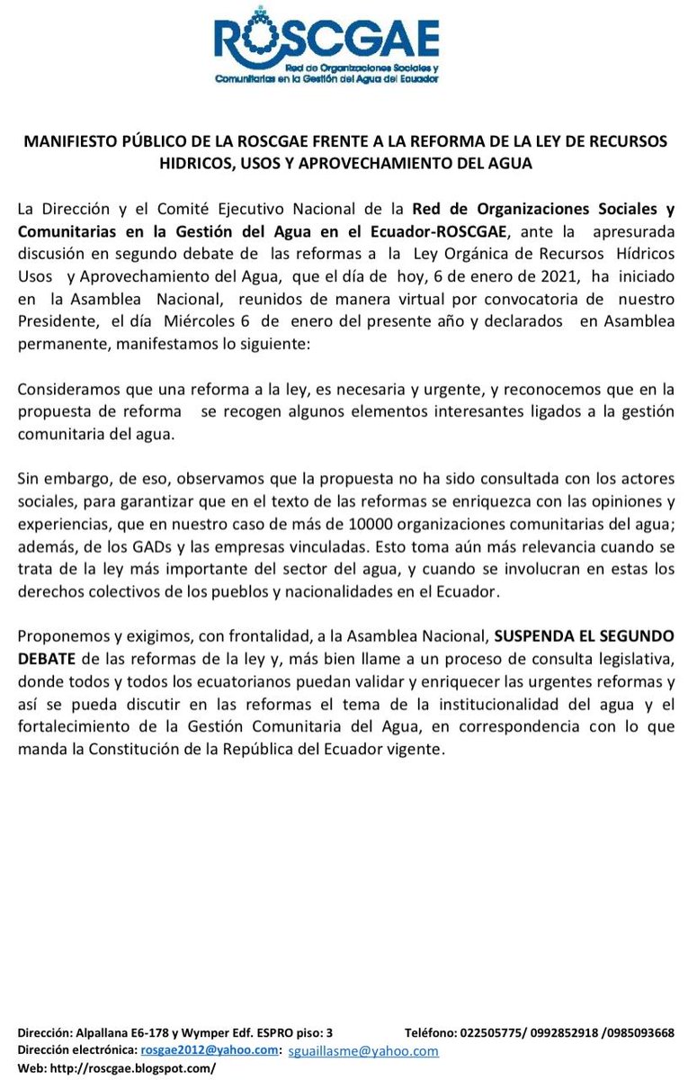 Las #JAAPS del Ecuador, exigimos a la <a href="/AsambleaEcuador/">Asamblea Nacional</a> , se suspenda el segundo debate del proyecto reformatoria de la LORHUAA, e inicie el proceso de la consulta previa, donde podamos participar los actores involucrados en la gestión del agua.