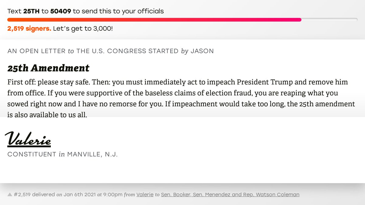 🖋 Sign “25th Amendment” and I’ll deliver a copy to your officials: x.com/messages/compo…

📨 No. 2,519 is from Valerie to <a href="/SenBooker/">Sen. Cory Booker</a>, <a href="/SenatorMenendez/">Senator Bob Menendez</a> and <a href="/RepBonnie/">Rep. Bonnie Watson Coleman</a> #NJ12 #NJpolitics