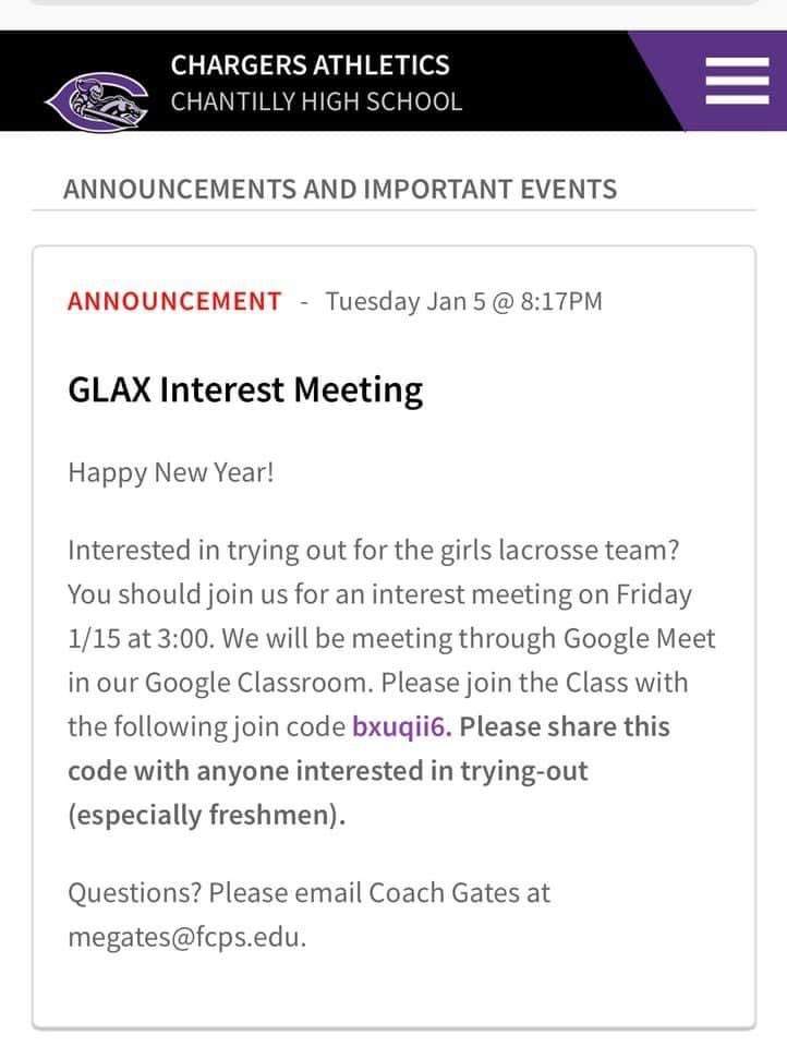 Interested in trying out for the girls lacrosse team?  Join us Friday 1/15 at 3:00 in our google classroom (code: bxuqii6