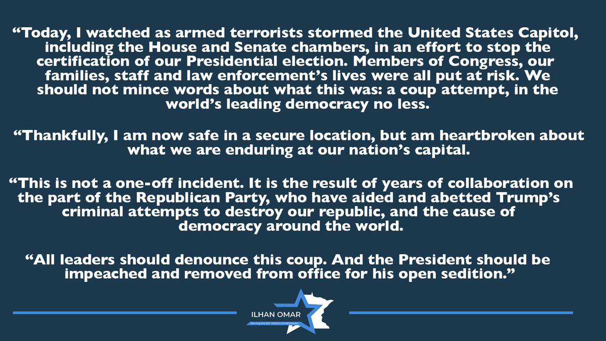 Today, Rep. Omar announced articles of impeachment against Donald Trump. 

Full statement below.