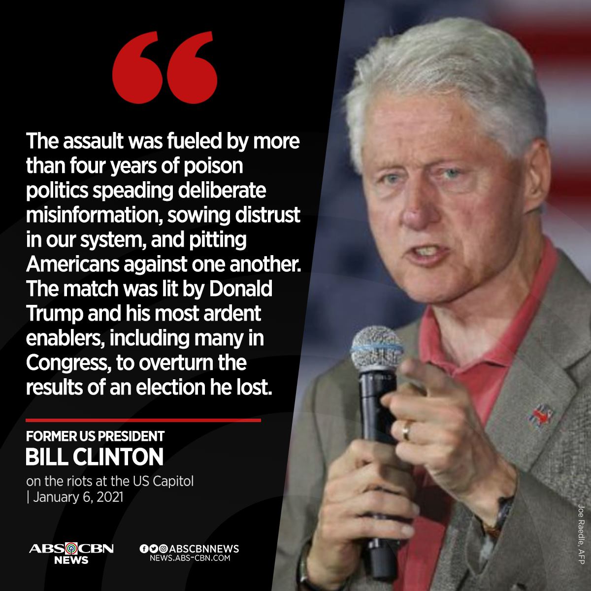 ABSCBNNews's tweet photo. READ: 3 former US presidents have spoken about the riots at the US Capitol as Trump supporters attempt to overturn the outgoing president's election loss to Joe Biden. https://t.co/PfpSMKafiU