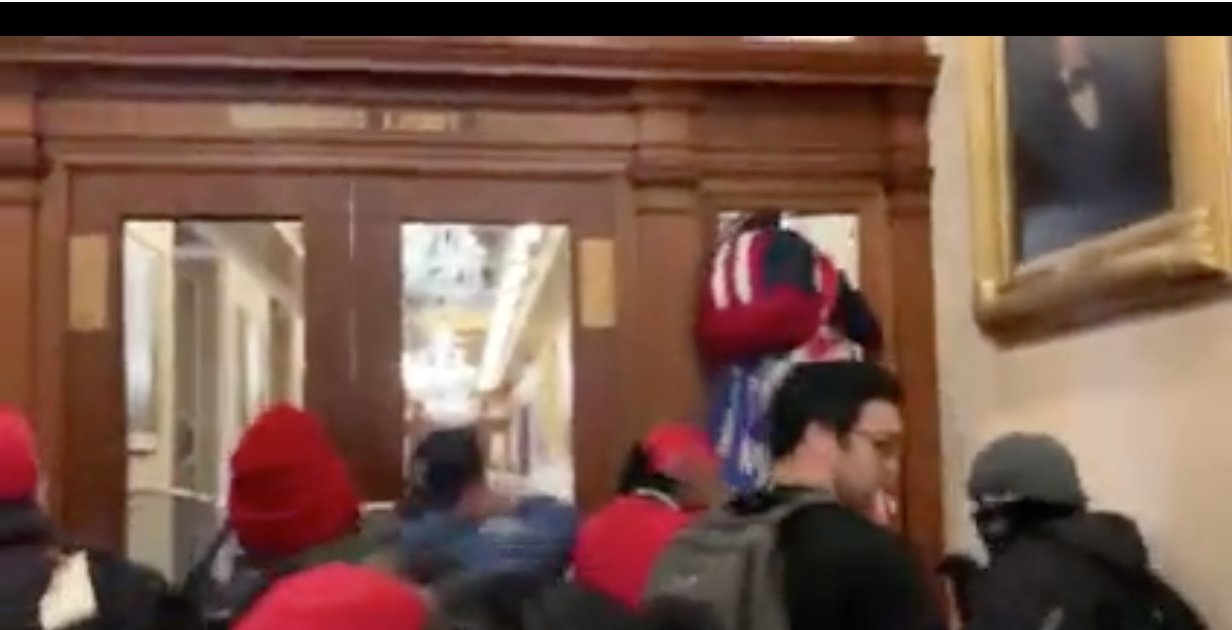 Kim Zetter on Twitter: "You can see image of her here on the right, wearing  a red, white and blue backpack as she starts to climb through the window in  the door.