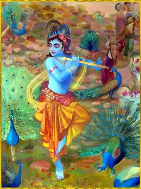 WHY DOES KRISHNA WEAR MOR-PANKHMormukutdhari (मोरमुकुटधारी) is one of the names of Krishna. It so happened that once Krishna was playing his flute and roaming with his cows in the forest. The soulful music enchanted the peacocks and they danced. Krishna,too, danced with them.