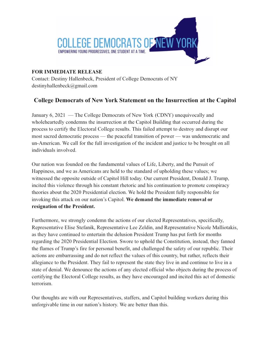 View our statement on the Insurrection at the Capitol. 

College Democrats of New York demand the immediate removal or resignation of the President.