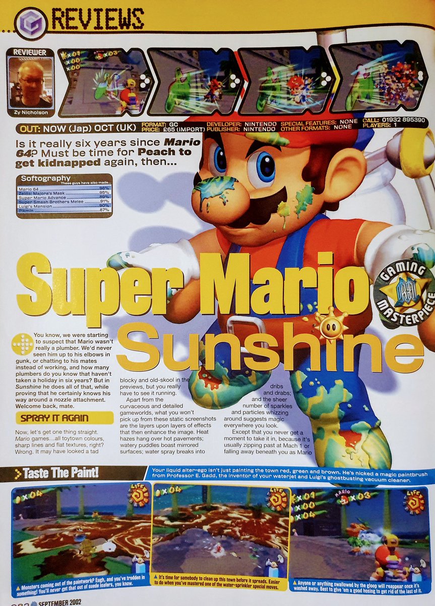 GamesmasterSaid's tweet photo. Issue 124, September 2002
Super Mario Sunshine review (GC): "Mario reclaims his crown as the king of the 3D platform adventure. Your Gamecube simply isn't complete without it."
@Gcubepreacher @AbyssalSineater @Nintendork9 #Nintendo #FLUDD #Yoshi #ShineGet https://t.co/2yWqL8JYEA