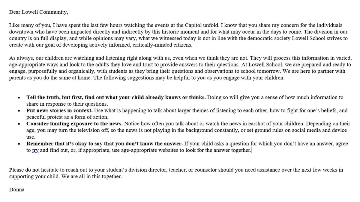 Earlier this evening, Lowell's Head of School, Donna Lindner, sent the following message to our community in response to today's events on Capitol Hill. #CapitolHill #WashingtonDC #education