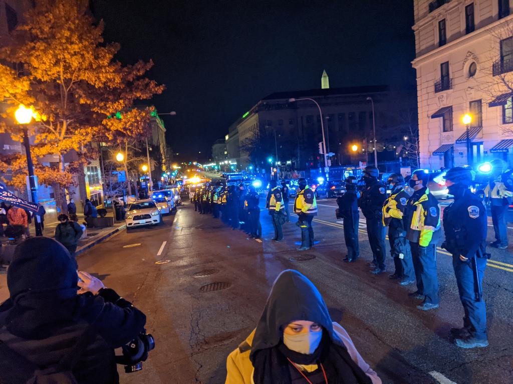 D.C. police civil disturbance unit is back at the JW Marriott after about 50 Trump supporters returned to the sidewalk in defiance of the curfew.