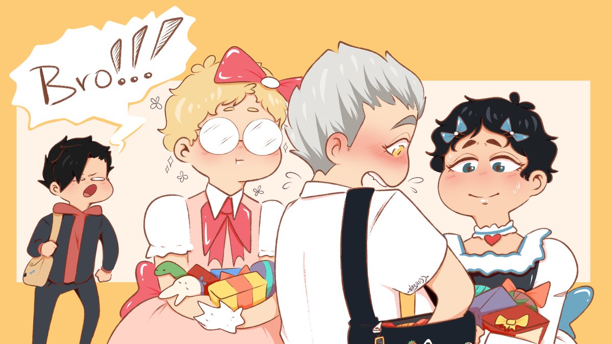 hqnashi's tweet photo. Bokuto has many gifts for them!!๐
#bakt #bkakkrtsk #bokuto #Akaashi #tsukishima #kuroo #mahoushoujoAU #haikyuufanart #Haikyuu #hq https://t.co/PkSqLt9lGZ